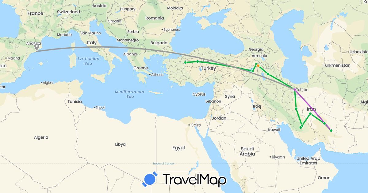 TravelMap itinerary: bus, plane, train, hitchhiking in Spain, Iran, Turkey (Asia, Europe)